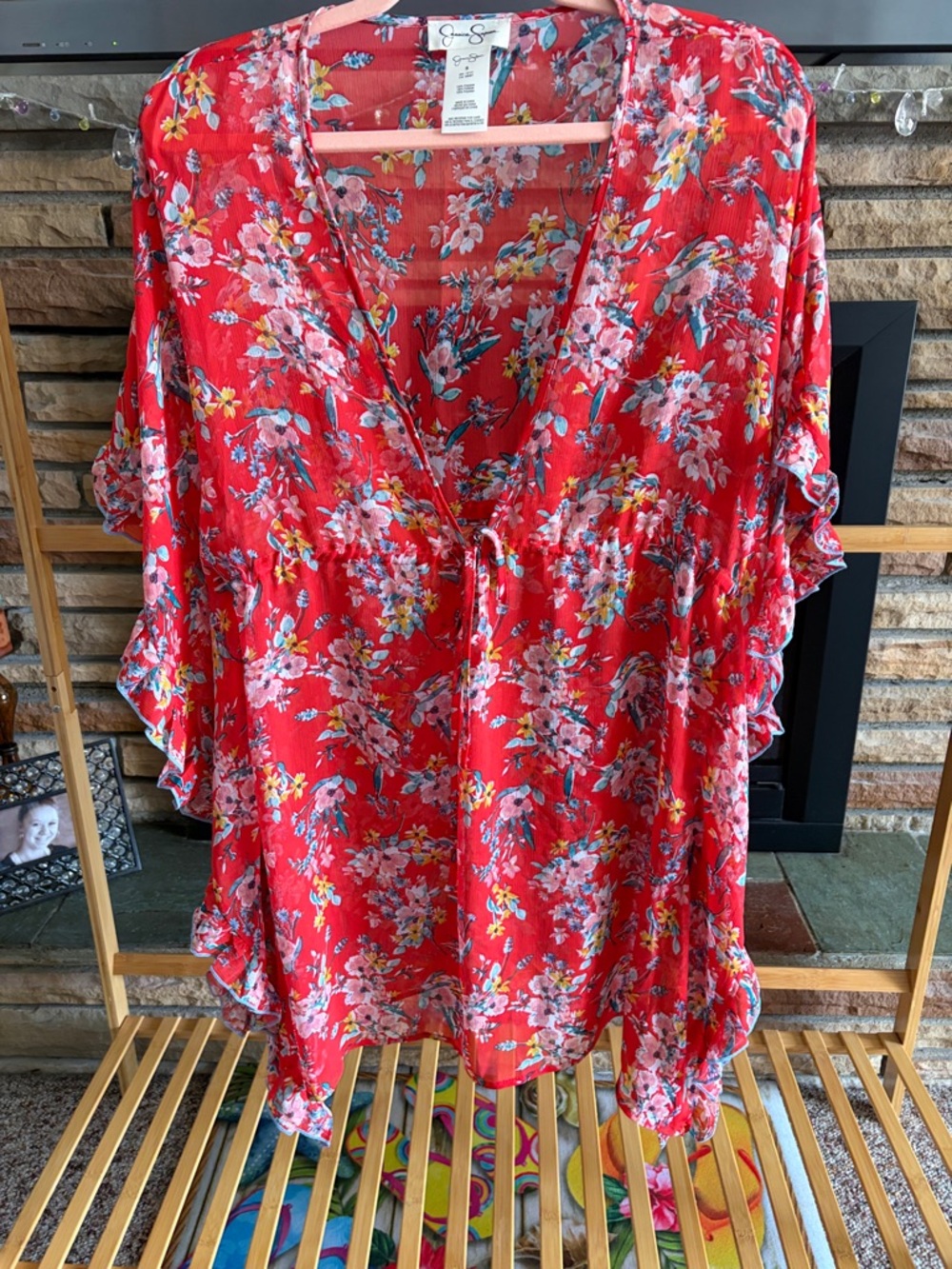 Jessica Simpson Red Floral Tie-Front V-Neck Tunic